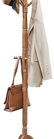 VASAGLE Solid Wood Coat Rack and Stand, Free Standing Hall Coat Tree with 10 Hooks for Hats, Bags, Purses, for Entryway, Hallway, Rubberwood, Caramel Brown URCR03WN