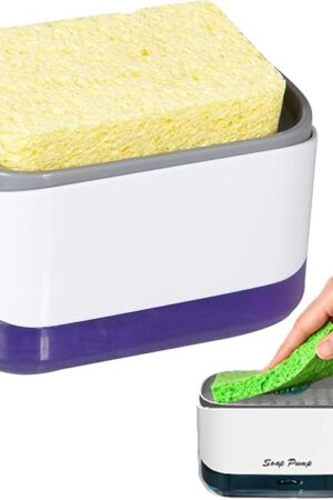 Dish Soap Dispenser for Kitchen and Sponge Holder, Countertop 2-in-1 One Hand Soap Pump Dispenser（White/Dish Sponge）