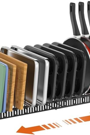Cutting Board Organizer Rack, Expandable Baking Tray and Cookie Sheet Organizer with 14 Adjustable Dividers, Bakeware Muffin Tin Cupcake Pan Storage Organizer for Cabinet, Black