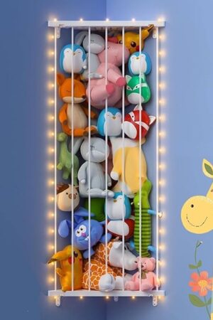 Corner Stuffed Animal Storage Net - Stuffed Animals Holder with Lights - Plush Organizer Hanging Stuffed Animal Hammock for Kids Room Playroom Bedroom Nursery Decro