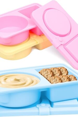 3 Pack Silicone Reusable Snack Containers with Lids, Cute Double Compartment Snackle Box Containersfor Dips Salad Condiment, Small Food Snack Case for Travel, School, Picnics