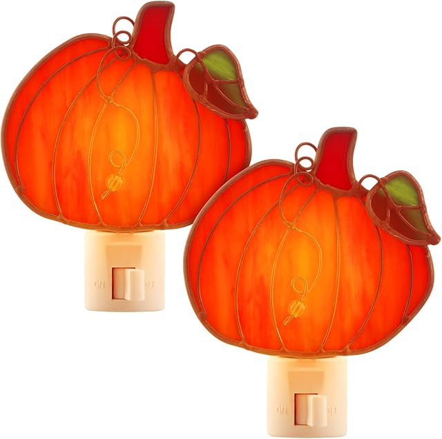 2 Pcs Stained Glass Pumpkin Night Light Plug into Wall, Bright Orange Pumpkin Fall Seasonal Light Decor for Home Bedroom Bathroom Kitchen Hallway Thanksgiving Halloween Decoration