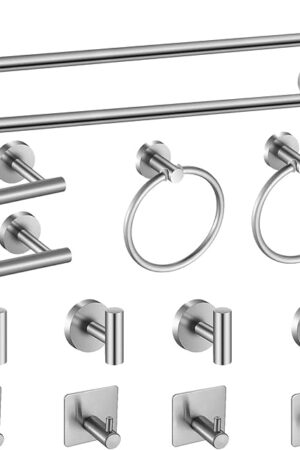 Bathroom Hardware Set Brushed Nickel, 14 Pieces Bathroom Accessories Set 2pcs 16 Inch Towel Bar,2 pcs Toilet Paper Holders, and 2 pcs Towel Ring and 8 Robe Hooks