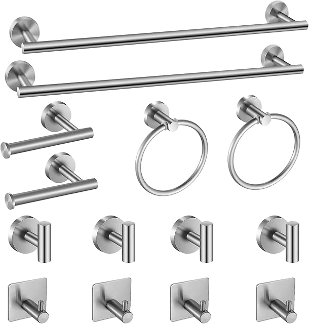 Bathroom Hardware Set Brushed Nickel, 14 Pieces Bathroom Accessories Set 2pcs 16 Inch Towel Bar,2 pcs Toilet Paper Holders, and 2 pcs Towel Ring and 8 Robe Hooks