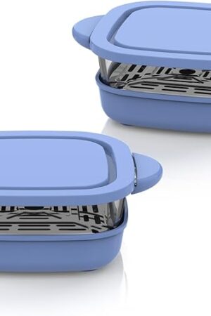 6 Cup Baking Dish Set - 2 Pack, 7 Inch Square Tempered Glass Food Storage Containers with Crispy Tray Compatible with Ninja Crispi Air Fryer - Oven, Microwave, Freezer and Dishwasher Safe