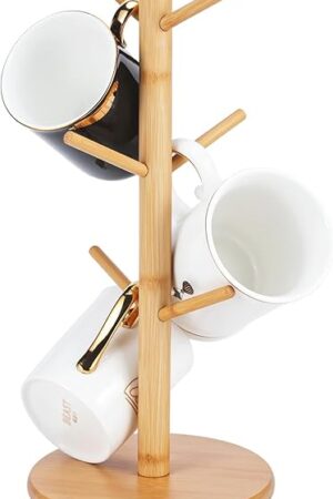 Bamboo Mug Holder, 6 Hooks Coffee Mug Holders Tree, Decorative Mug Racks for Counter, Non-Slip Coffee Mug Cup Tree