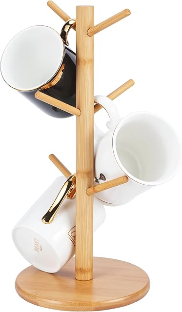 Bamboo Mug Holder, 6 Hooks Coffee Mug Holders Tree, Decorative Mug Racks for Counter, Non-Slip Coffee Mug Cup Tree