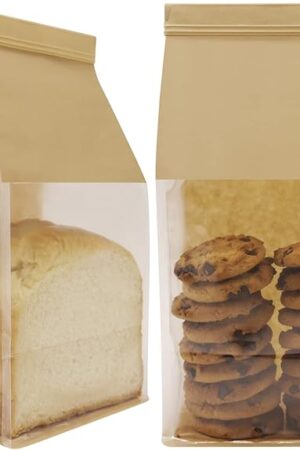 50Pcs 5.1x4.3x11 Inch Extra Thick Paper Bread Bags for Homemade with Window & Twist Wire - Ideal for Sourdough Bread, Bakery, Baked Goods, Pastry & Cookie Packaging, Brown Kraft, Flat Bottom