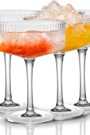 4 Pcs Ribbed Coupe Glasses, 10 oz Vintage Coupe Glass Set, Unique Martini Glass, Classic Cocktail Galssware, Bar Drinking Glasses Set Pefect for Cocktail, Wine, Champagne & Gift