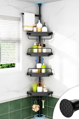 ALLZONE Corner Shower Caddy Tension Pole, Extendable Rustproof Stainless Steel Pole & 4-Tier Adjustable Shelves for Easy Drainage and Built-to-Last Stability, 34 to 116 Inch, Black