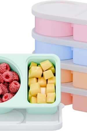 5 Pack Silicone Snack Containers, 2 Compartments Reusable Snackle Box with Lids, 8 oz, Rainbow