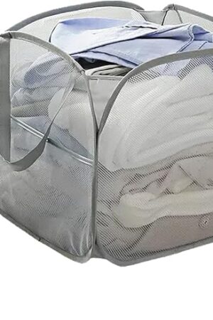 Collapsible Laundry Basket 90L, Foldable Mesh Pop-up Laundry Hamper with Handles, Dirty Clothes Hamper for Laundry with Side Storage Pocket