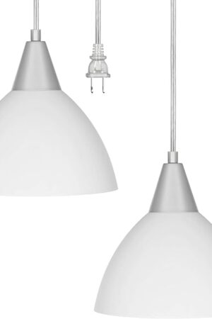 DEWENWILS Plug in Pendant Light, Hanging Light with 15Ft Clear Cord, On/Off Switch, Frosted Plastic White Shade, Hanging Ceiling Light for Living Room, Bedroom, Dining Hall, Pack of 2