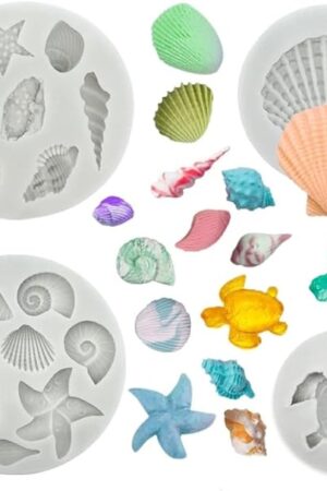 4 PCS Marine Theme Cake Fondant Silicone Mold Seashell Conch Starfish Sea Turtle Baking Molds for Chocolate Cake Decoration Candy Polymer Clay DIY Crafting Projects