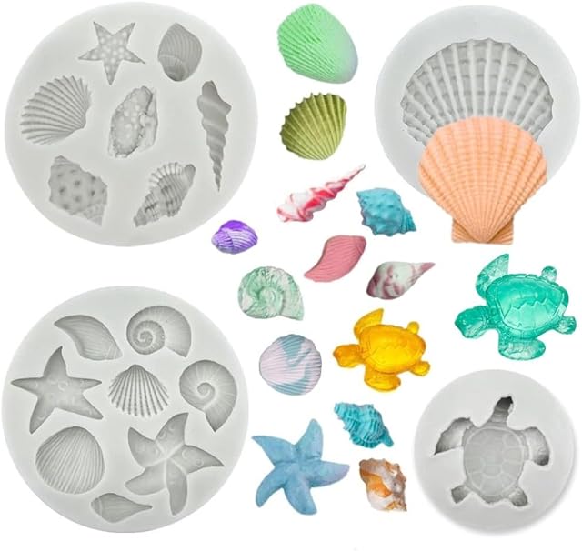 4 PCS Marine Theme Cake Fondant Silicone Mold Seashell Conch Starfish Sea Turtle Baking Molds for Chocolate Cake Decoration Candy Polymer Clay DIY Crafting Projects