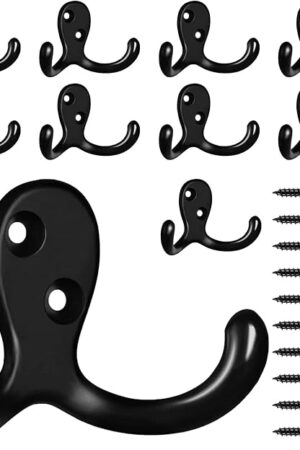 10 Pack Coat Hooks Wall Hooks for Hanging, Heavy Duty Double Prong Metal Hook Wall Mounted for Living Room, Bathroom, Kitchen, Bedroom for Coat, Bag, Scarf, Towel, Hat, Key, Cup (Black)
