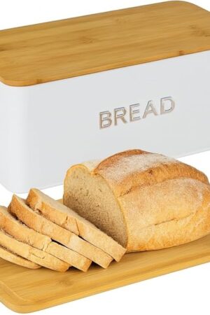 Culinary Couture White Bread Box for Kitchen Countertop with Bamboo Lid - Large BreadBox for Homemade Bread - Storage BreadBox with Cutting Board Lid