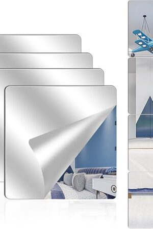 4 Pack Acrylic Mirrors for Wall,8 x 8 Inch Self Adhesive Frameless Small Mirror Tiles, Flexible Plastic Mirror Sheets for Bedroom Home Gym Door (8 * 8 inch)