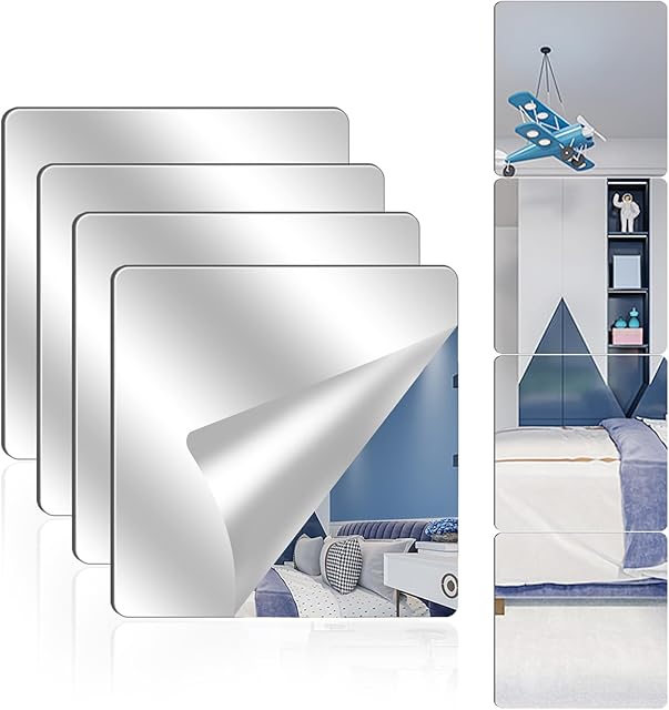 4 Pack Acrylic Mirrors for Wall,8 x 8 Inch Self Adhesive Frameless Small Mirror Tiles, Flexible Plastic Mirror Sheets for Bedroom Home Gym Door (8 * 8 inch)