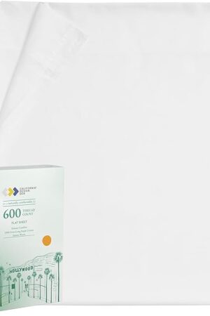 California Design Den Luxury King Size Flat Sheet Only - 100% Cotton, 600 Thread Count, Soft and Breathable Top Sheet, Sateen Weave, Hotel Quality, Featuring Foot Side Indicator - Bright White