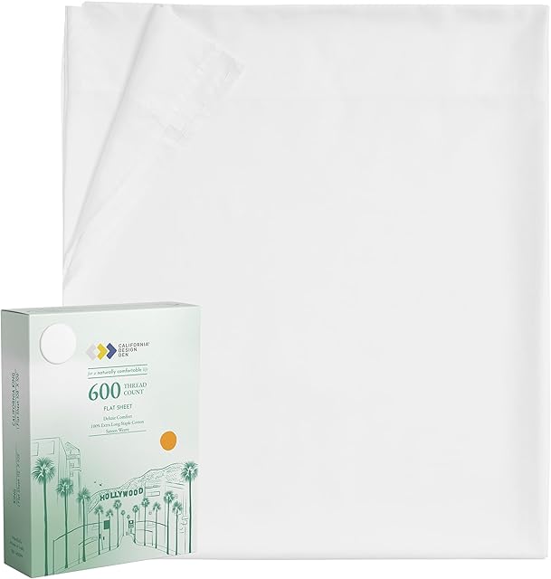 California Design Den Luxury King Size Flat Sheet Only - 100% Cotton, 600 Thread Count, Soft and Breathable Top Sheet, Sateen Weave, Hotel Quality, Featuring Foot Side Indicator - Bright White