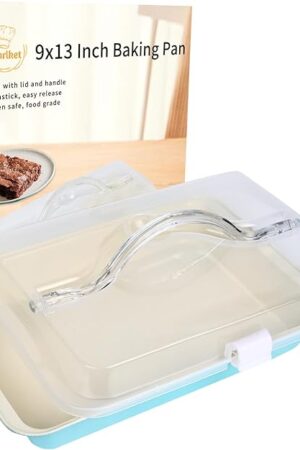 9x13 Baking Pan with Lid and Handle, Nonstick Cake Carrier with Locking Cover, Deep Oblong Bakeware for Brownies, Casseroles, and Travel, Blue and Beige