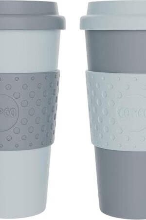 Copco Acadia 16oz Travel Mug with Lid, Set of 2 Double Wall Insulated Tumbler, Non-Slip Sleeve and BPA-Free - Microwave & Dishwasher Safe, Reusable Plastic To Go Travel Coffee Mug (Aqua/Gray)