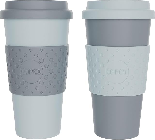 Copco Acadia 16oz Travel Mug with Lid, Set of 2 Double Wall Insulated Tumbler, Non-Slip Sleeve and BPA-Free - Microwave & Dishwasher Safe, Reusable Plastic To Go Travel Coffee Mug (Aqua/Gray)
