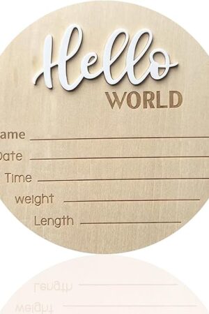 Baby Announcement Sign, ​5.9 Inch Wooden Hello World Newborn Signs, Birth Announcement Sign, Baby Shower Hospital Nursery for Newborn Boys and Girls (White)