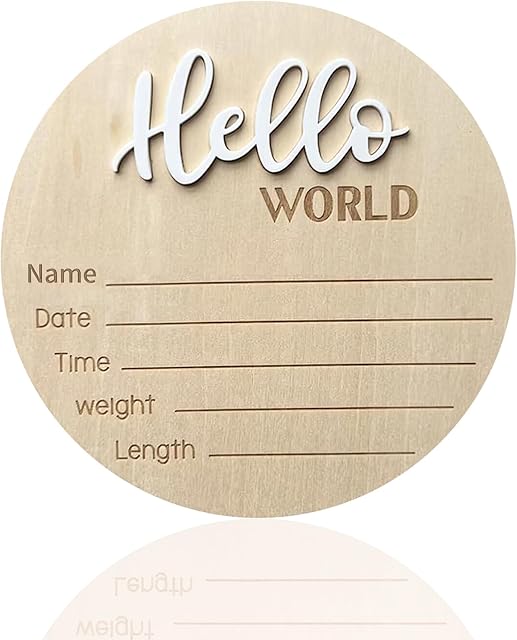 Baby Announcement Sign, 5.9 Inch Wooden Hello World Newborn Signs, Birth Announcement Sign, Baby Shower Hospital Nursery for Newborn Boys and Girls (White)
