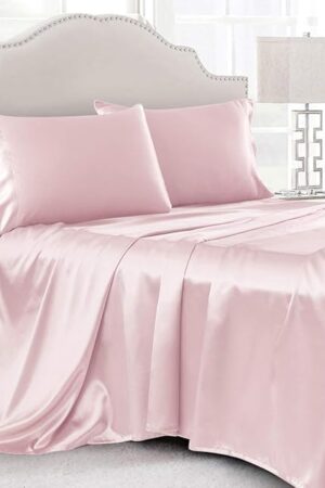 4 Pcs Blush Pink Satin Sheets Queen Size Bedding Sheets Set