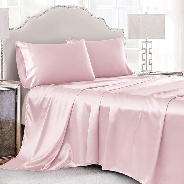 4 Pcs Blush Pink Satin Sheets Queen Size Bedding Sheets Set