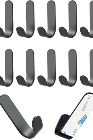 Adhesive Hooks,20 Pcs, Heavy Duty Hold 12Lbs, Stainless Steel Black Wall Hanger, Adhesive Hanger for Hanging, Metal Sticky J Strip Hooks, for Hat, Coat, Picture, Backpack, Garage