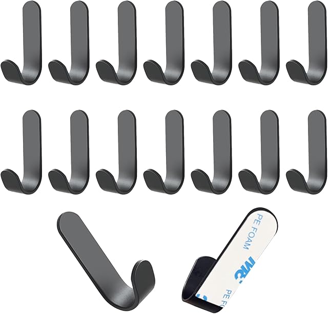 Adhesive Hooks,20 Pcs, Heavy Duty Hold 12Lbs, Stainless Steel Black Wall Hanger, Adhesive Hanger for Hanging, Metal Sticky J Strip Hooks, for Hat, Coat, Picture, Backpack, Garage