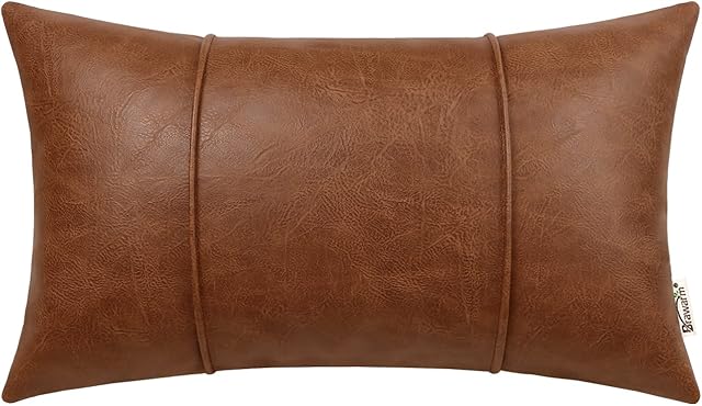 BRAWARM Brown Leather Throw Pillow Covers 12 X 20 Inches - Faux Leather Lumbar Pillow Cover with Piping, Hand Stitched Faux Leather Throw Pillow for Couch Sofa Bed Living Room Home Decorative