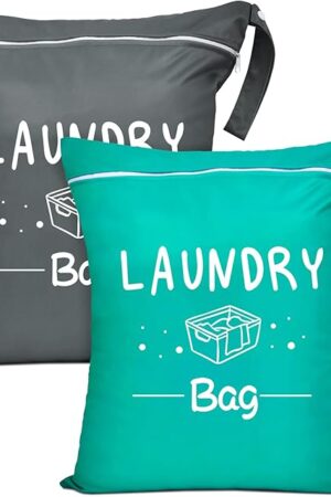 2 Pcs Large Travel Laundry Bags - Waterproof Wet/Dry, Washable, Drawstring, Bathing Suit, Workout, Gym Clothes, Swimming, Yoga - Green, Grey