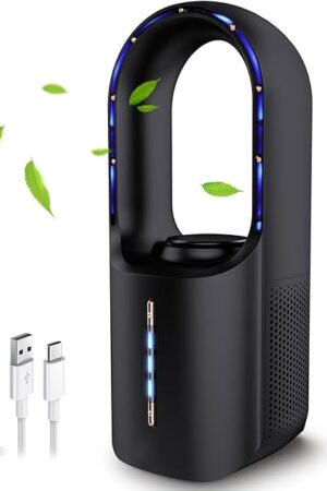 Bladeless Desk Fan, 11.8 Inch Office Fan Small Quiet, Desktop Fans with 3 Wind Speed, LED Light, Silent Desk Fan Ideal for Bedroom, Office, Living Room(No Battery)