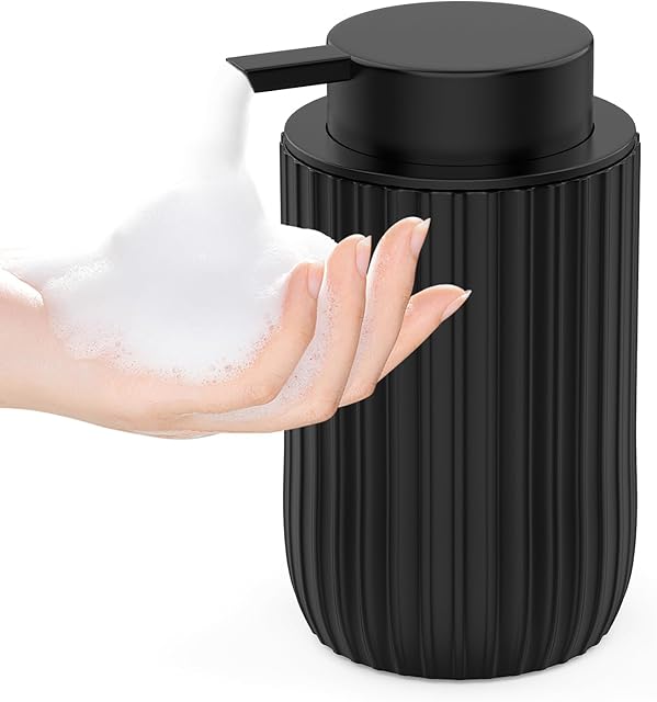 Ceramic Foaming Hand Soap Dispenser,12 oz Bathroom Soap Dispensers, Lotion Dispenser for Kitchen, Refillable Matte Streaks Soap Dispenser with Large Pump (Black)
