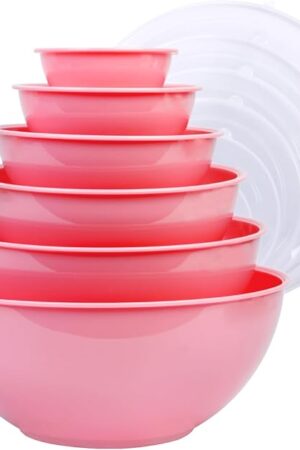 BoxedHome BPA Free Plastic Round Mixing Bowl with Lids, 12 Pack Nesting Bowls with Lids Set, Microwave and Dishwasher Safe Prep & Serving Bowls Great for Mixing, Baking, Serving (Pink, 12pcs)