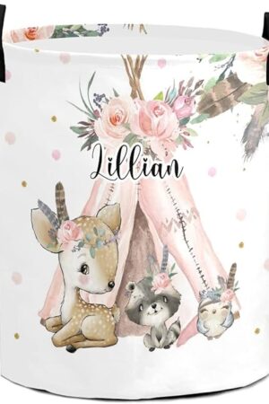 Woodland Animals Boho Floral Personalized Laundry Basket Clothes Hamper with Handles Waterproof,Custom Collapsible Laundry Storage Baskets for Bedroom,Bathroom Decorative Large Capacity