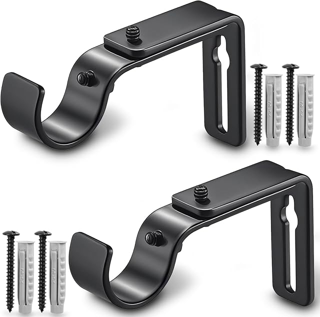 Curtain Rod Bracket Adjustable, Drapery Rod Holder Hooks Support Hangers for 1 inch Diameter Window Curtain Rods (Black, 2-Pack)