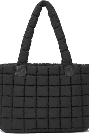 Cute Lunch Box for Women Quilted Lunch Tote Bag Insulated Puffer Lunch Bag for Office Work, Black