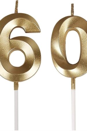 Bailym 60th Birthday Candles,Gold Number 60 Cake Topper for Birthday Decorations Party Decoration