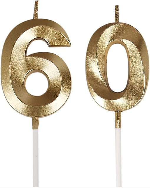 Bailym 60th Birthday Candles,Gold Number 60 Cake Topper for Birthday Decorations Party Decoration