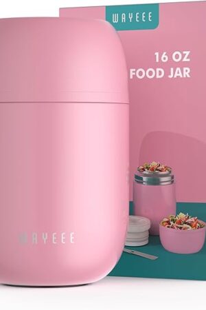WayEee Insulated Food Jar, Vacuum Bento Box Lunch Containers 16 oz for Kids Adults, Airtight Stainless Steel Soup Containers with Spoon, for School, Travel, Picnic - Pink
