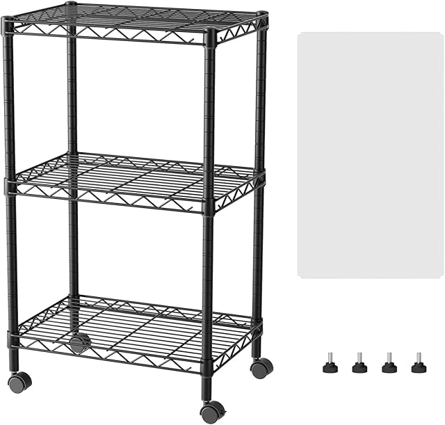 SINGAYE 3 Small Shelves Storage Shelf Wire Shelving Unit Metal Shelf Adjustable Organizers Storage Shelving with Wheels for Bathroom Laundry Room Kitchen Pantry11.5?D x 17.5?W x 30.5?H Black