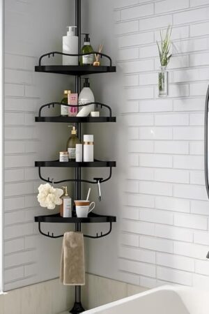 Corner Shower Caddy Tension Pole - Heavy Duty Floor to Ceiling Shower Organizer Tension Pole with 4 Shelves,54"-114? Adjustable Rustproof Stand Rack for Bathtub,Bathroom,Dorm,RV - Black
