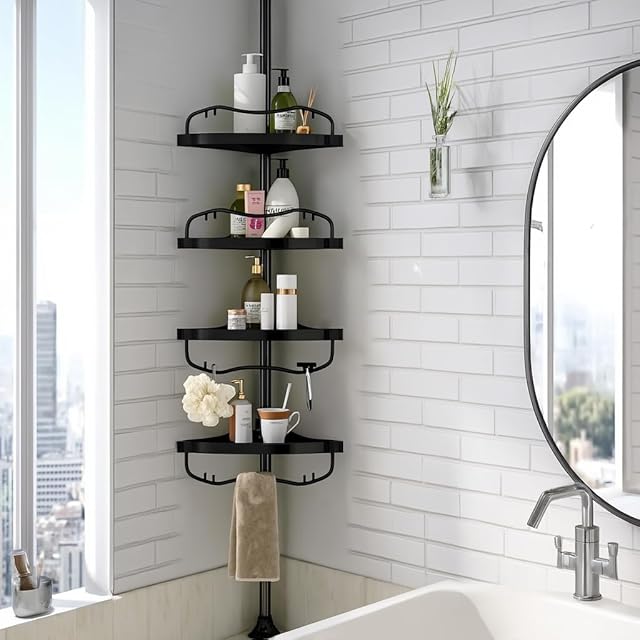 Corner Shower Caddy Tension Pole - Heavy Duty Floor to Ceiling Shower Organizer Tension Pole with 4 Shelves,54"-114? Adjustable Rustproof Stand Rack for Bathtub,Bathroom,Dorm,RV - Black