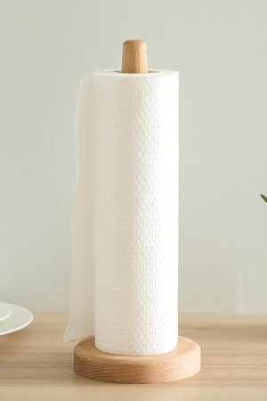 Bamboo Paper Towel Holder,DNIEBW Kitchen Paper Holder Countertop Stand up Towels Roll Stand Organizer Simply Standing Countertop Wooden Paper Fits Standard Roll Holder for Cabinet (Round Bottom)