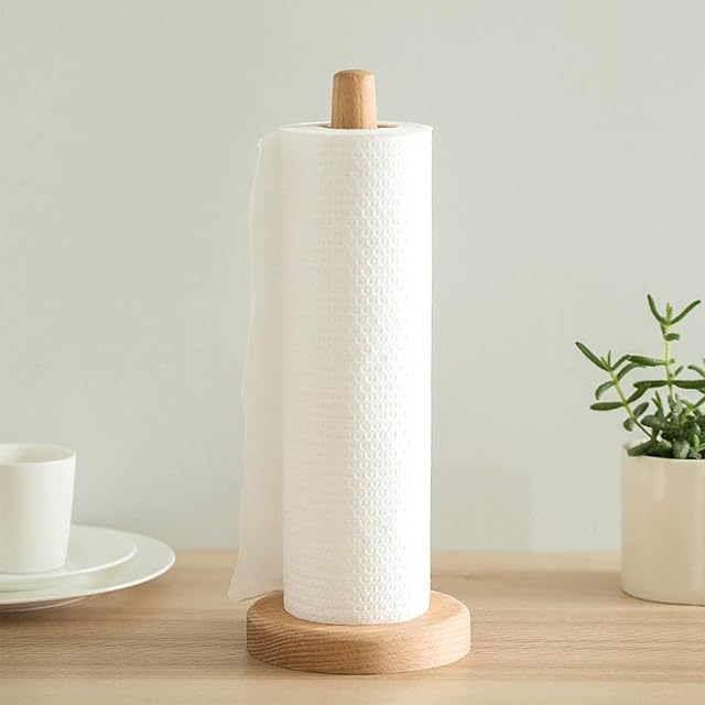 Bamboo Paper Towel Holder,DNIEBW Kitchen Paper Holder Countertop Stand up Towels Roll Stand Organizer Simply Standing Countertop Wooden Paper Fits Standard Roll Holder for Cabinet (Round Bottom)